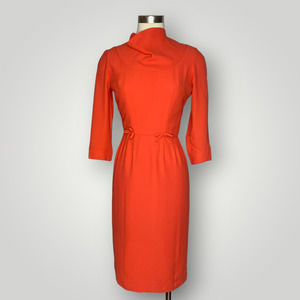 Vintage 1950s Sue Leslie Dress Bright Coral Women's XS Long Sleeve Knee Fitted L
